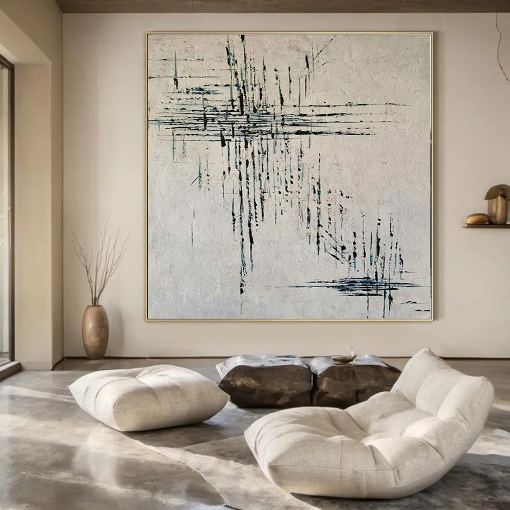 Beige with Blue Dripping Lines - Abstract Expressionist Acrylic On Canvas CT1315