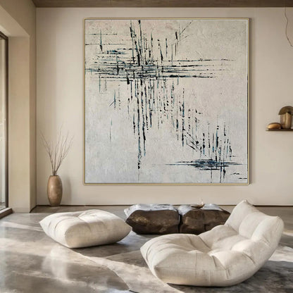 Beige with Blue Dripping Lines - Abstract Expressionist Acrylic On Canvas CT1315