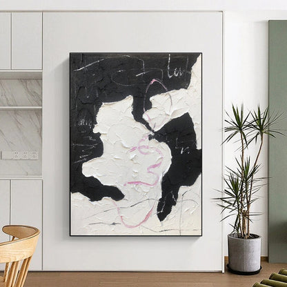 Black, White & Pink Textured Forms, “Playful Chaos” - Impasto Abstract Painting CT0773