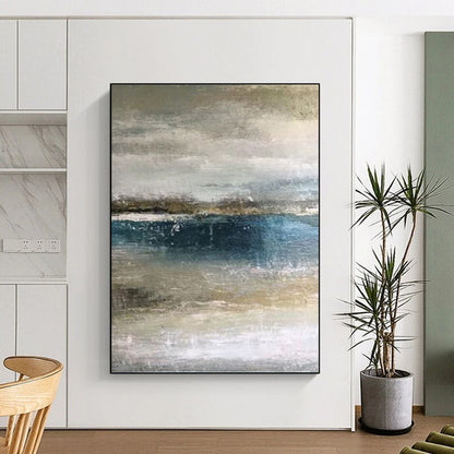 “Muted Coastal Layers” - Blue, Gray & Beige Abstract Seascape Painting On Canvas DKH0945