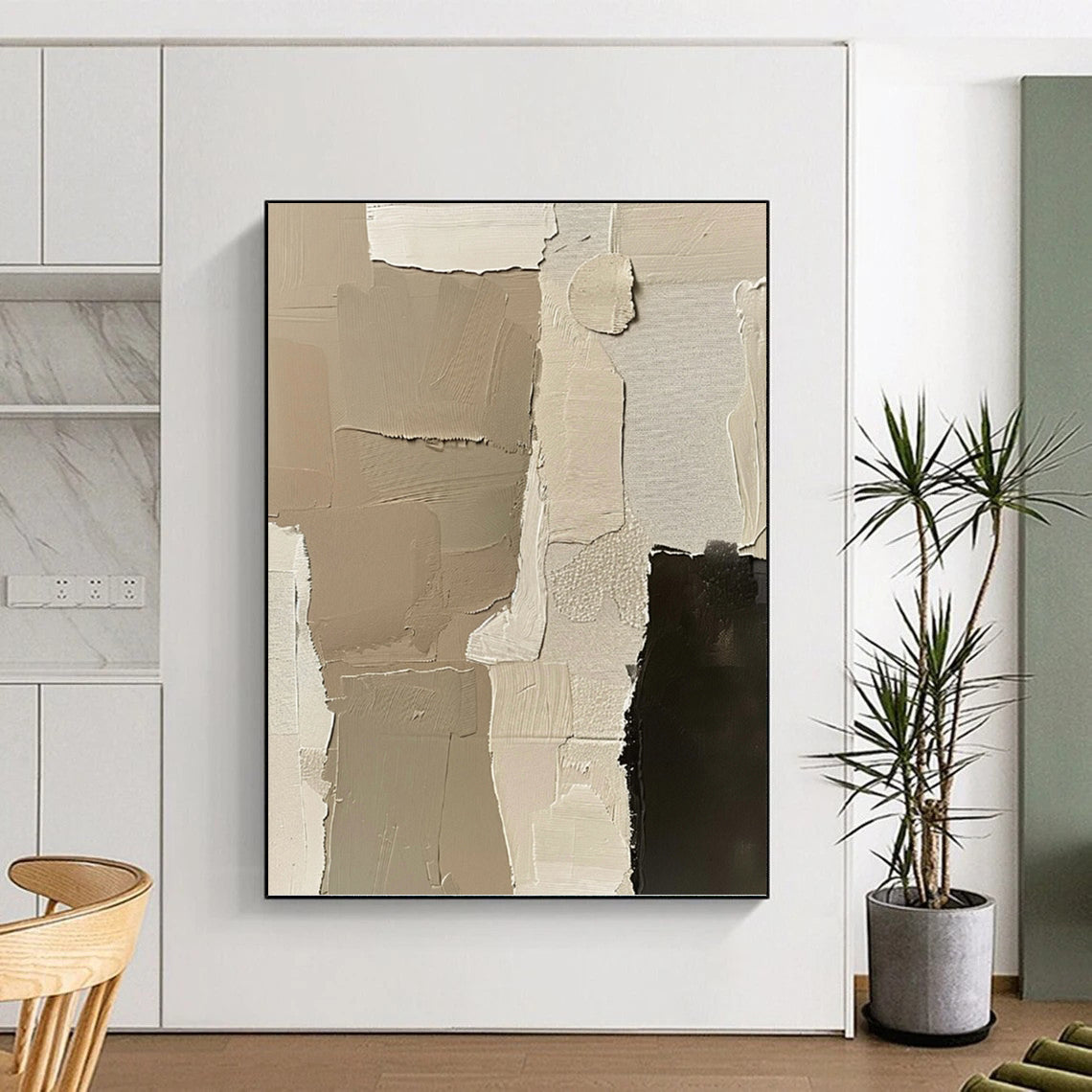 “Neutral Patchwork” - Beige & Black Layered Textures Painting On Canvas DKH1161