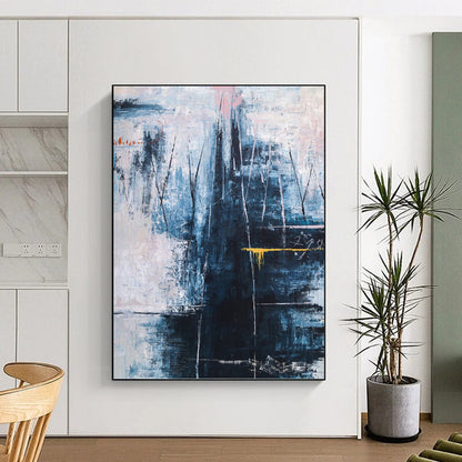 “Blue - Dominant Abstract with Textured Layers and Yellow Accent” - Moody Abstract Painting On Canvas DKH1111