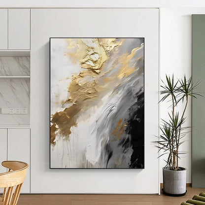 “Gold - White - Gray Flowing Abstract” - Gold, White, Gray Fluid Abstract Painting On Canvas DTP302