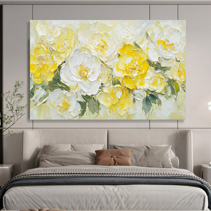 “Sunny Blooms” - Yellow, White Floral Impasto Painting On Canvas DKH696