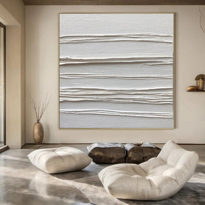 White Textured Linear Abstraction - Minimalist Textured Acrylic On Canvas CT1347