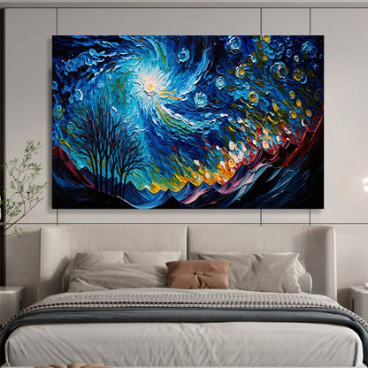 Swirling Starry Night - Blue, Yellow & White Abstract Sky Painting On Canvas DKH885