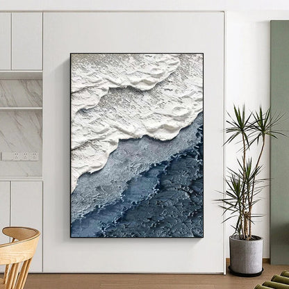 “White, Gray, Blue Textured Shore ‘Coastal Layers’” - Impasto Sea & Sand Painting On Canvas DTP325