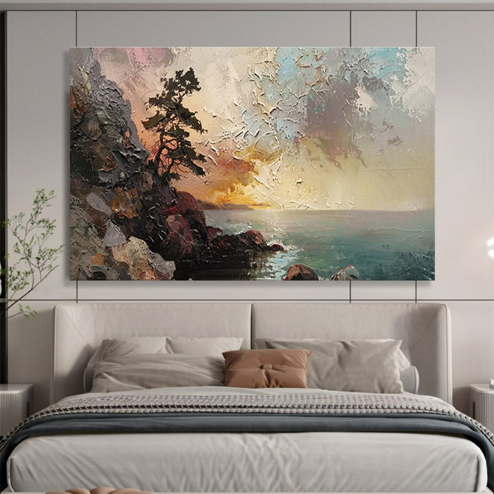 “Coastal Pine & Sunset” Impasto Seaside Painting On Canvas DKH463