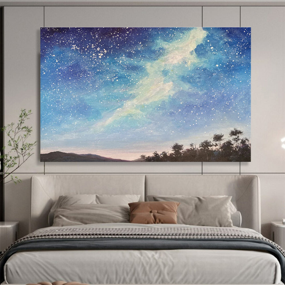 Deep Blue Starry Sky and Silhouetted Trees “Celestial Forest Vistas” Painting On Canvas DKH114