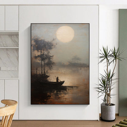 “Moonlit Lake Fisherman” – Atmospheric Landscape Oil CT2094