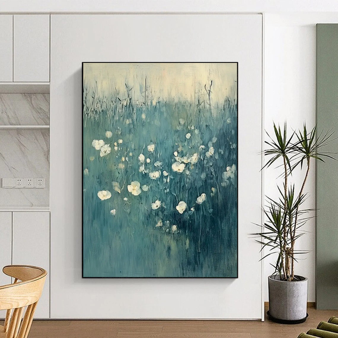 “Teal Field with White Flowers” - Impressionistic Oil Painting CT1933