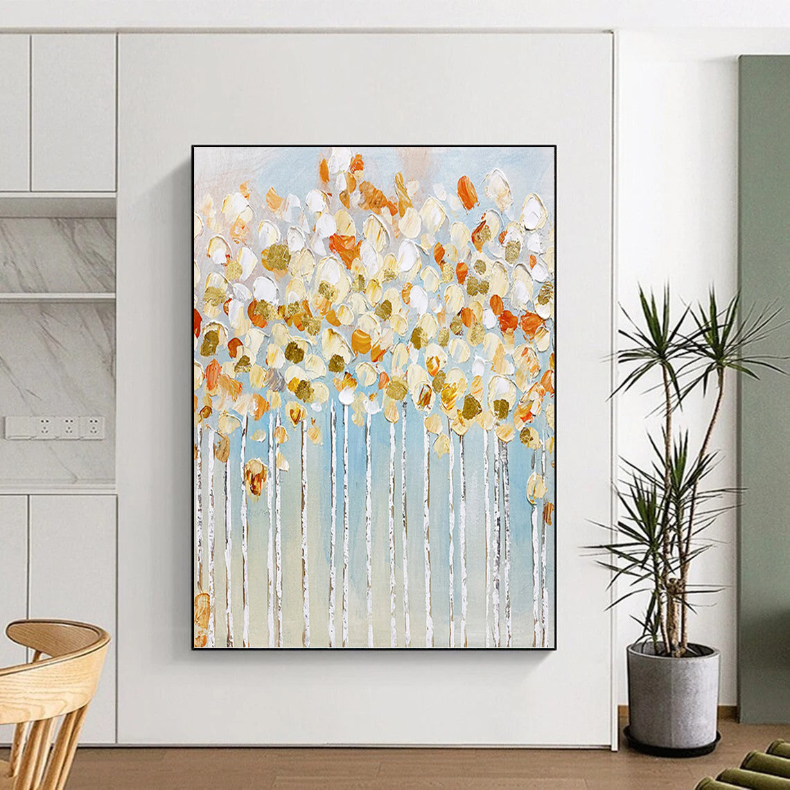 Textured Trees in Gold, White, and Blue - Landscape Painting On Canvas DKH1441