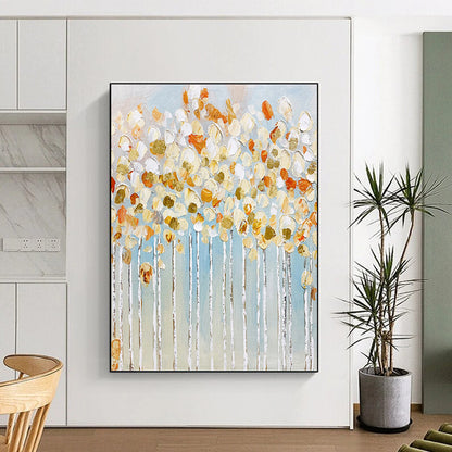 Textured Trees in Gold, White, and Blue - Landscape Painting On Canvas DKH1441