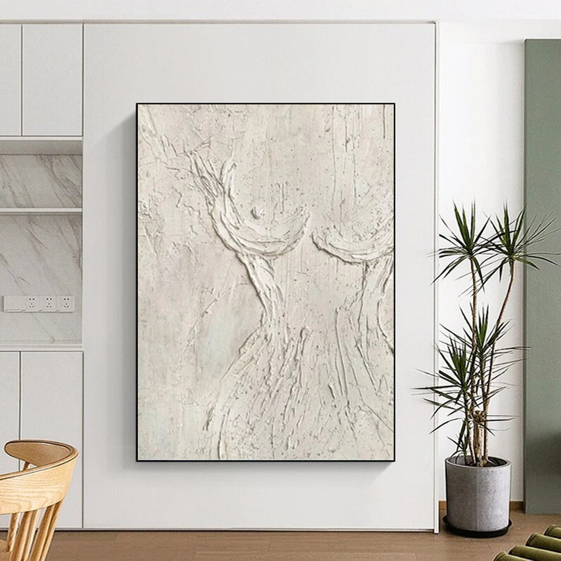 “White Textured Abstract Tree Form” Painting On Canvas DKH0989