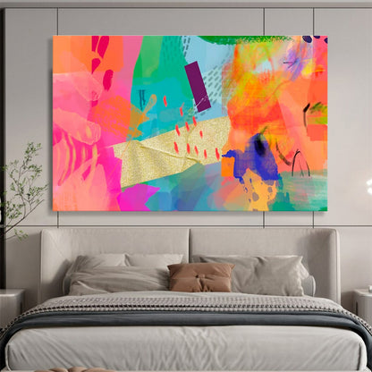 Vibrant Mixed - Media Abstract in Neon and Gold Painting On Canvas DKH199