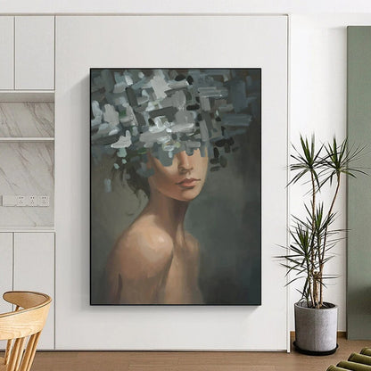 “Gray, Green, White Floral Head ‘Ethereal Veil’” - Figurative Flower Painting On Canvas DTP328