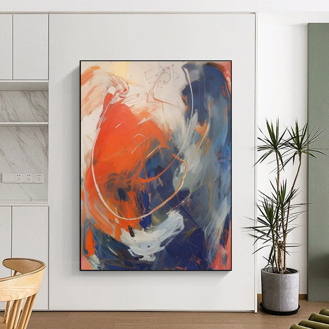 “Orange - Blue - White Abstract Swirls” ，Abstract Acrylic Painting CT0843
