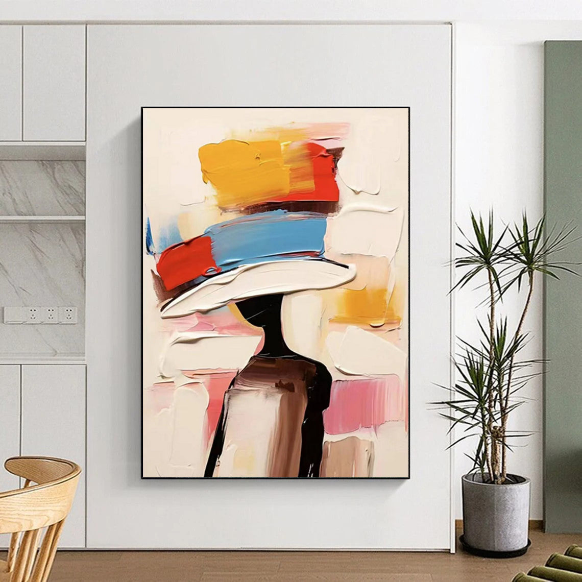 “Colorful, Abstract Hat ‘Fashionable Silhouette’” - Impasto Figurative Painting On Canvas DTP324