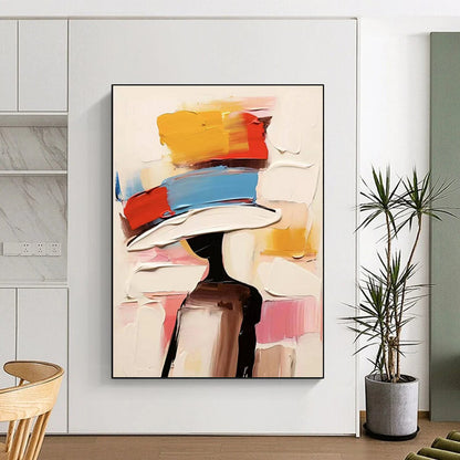 “Colorful, Abstract Hat ‘Fashionable Silhouette’” - Impasto Figurative Painting On Canvas DTP324