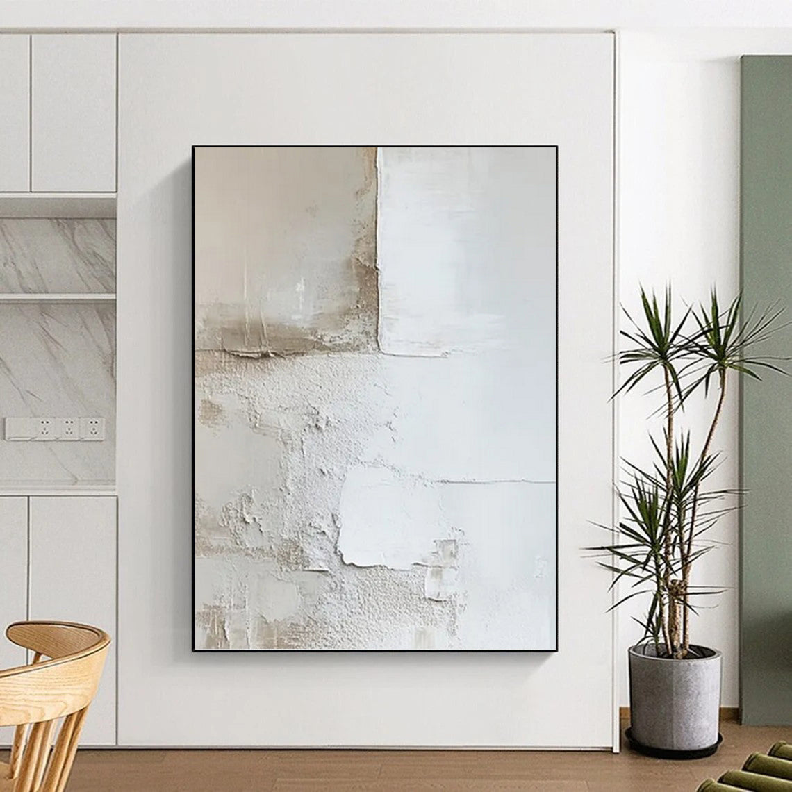 “White & Beige Plaster - Like Abstract” Painting On Canvas DKH0977