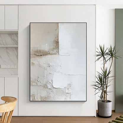 “White & Beige Plaster - Like Abstract” Painting On Canvas DKH0977