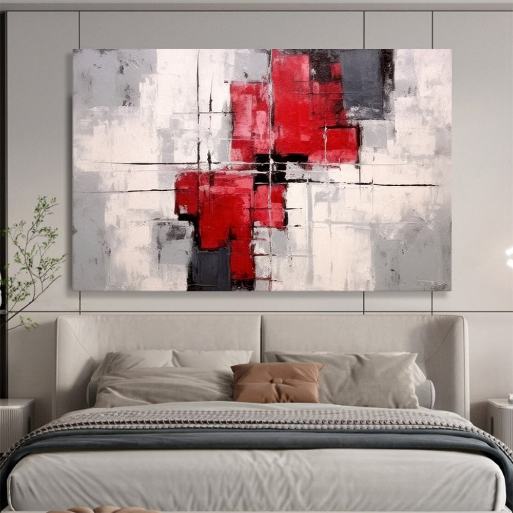 Red Gray and White Geometric Forms Structured Abstract Composition Painting On Canvas DKH269