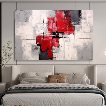 Red Gray and White Geometric Forms Structured Abstract Composition Painting On Canvas DKH269