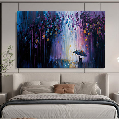 Rainy Night Stroll - Purple & Blue Impressionistic Cityscape Painting On Canvas DKH876