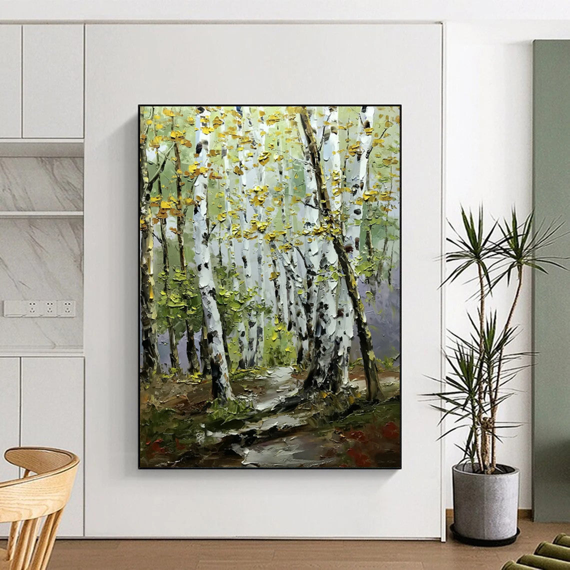 “Golden - Hued Birch Forest Path” – Impasto Landscape Oil CT2093