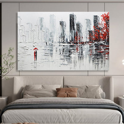 Cityscape with Red Accents - Gray, White & Red Urban Painting On Canvas DKH886