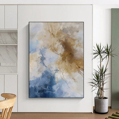 “Blue & Beige Abstract Clouds” - Blue, Beige & White Airy Painting On Canvas DKH1020