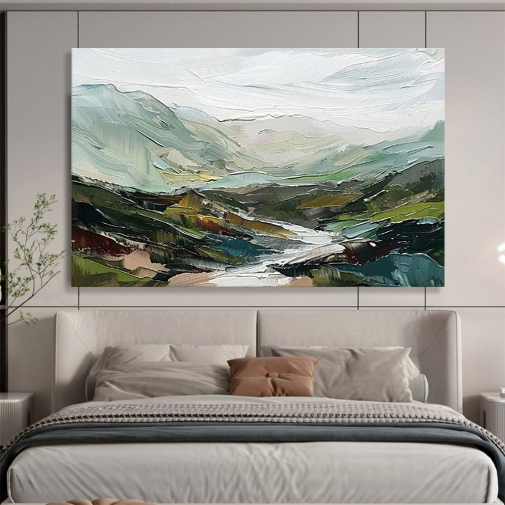 “Textured Mountain Vista” - Green, Blue, Gray Landscape Oil Painting On Canvas DKH725