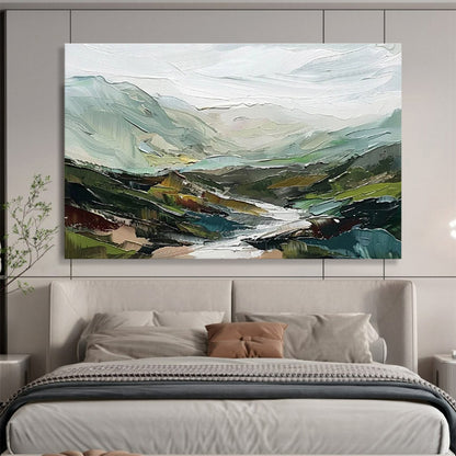 “Textured Mountain Vista” - Green, Blue, Gray Landscape Oil Painting On Canvas DKH725