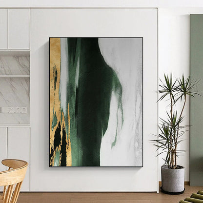 “Gold, Green & White Abstract” - Gold, Green, White & Black Abstract Painting On Canvas DKH1204