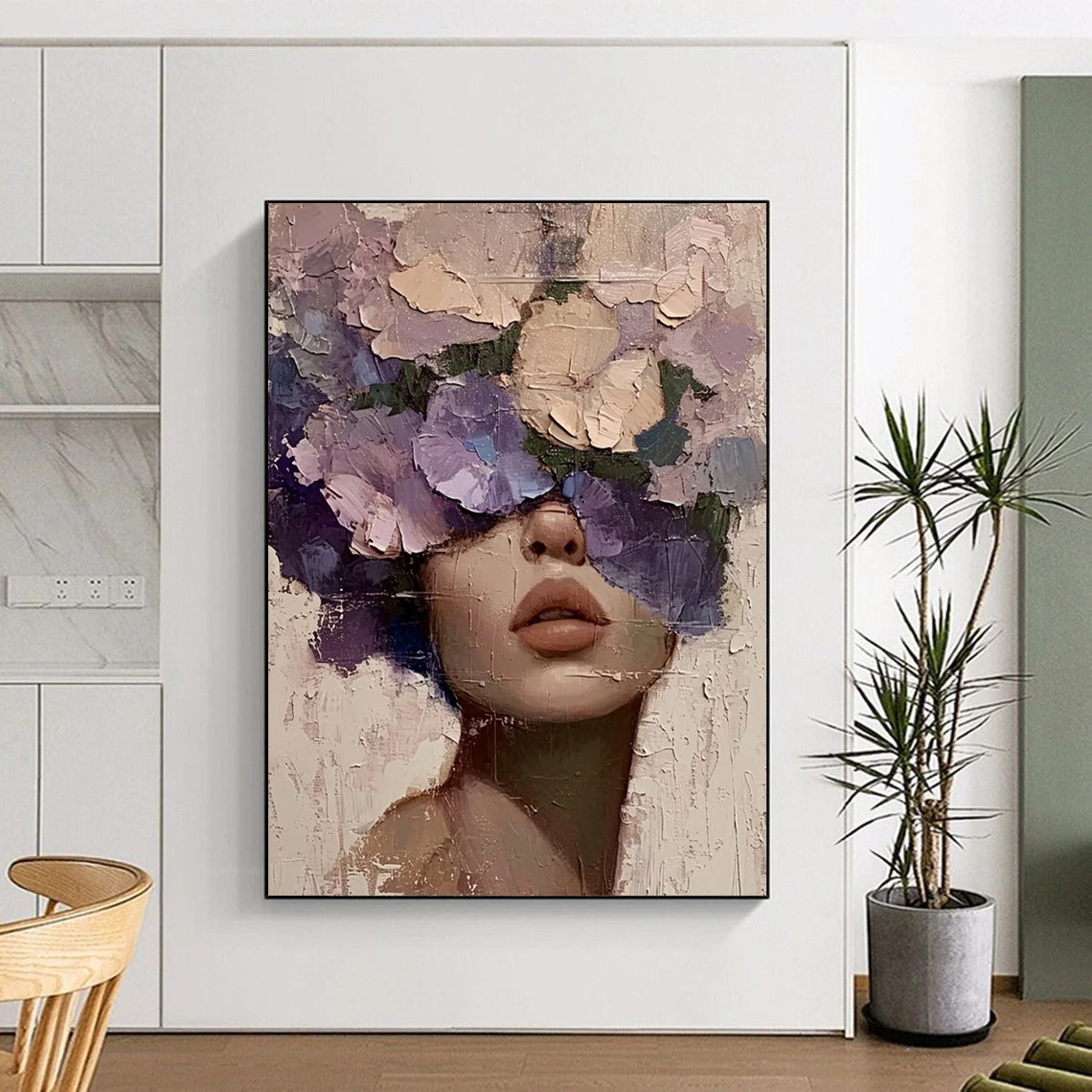 “Purple, Pink, Beige Floral Face ‘Blossom Beauty’” - Textured Figurative Painting On Canvas DTP329