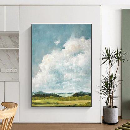 “Sky’s Embrace: Fluffy Clouds Over Fields” - Impasto Landscape Oil on Canvas CT1878