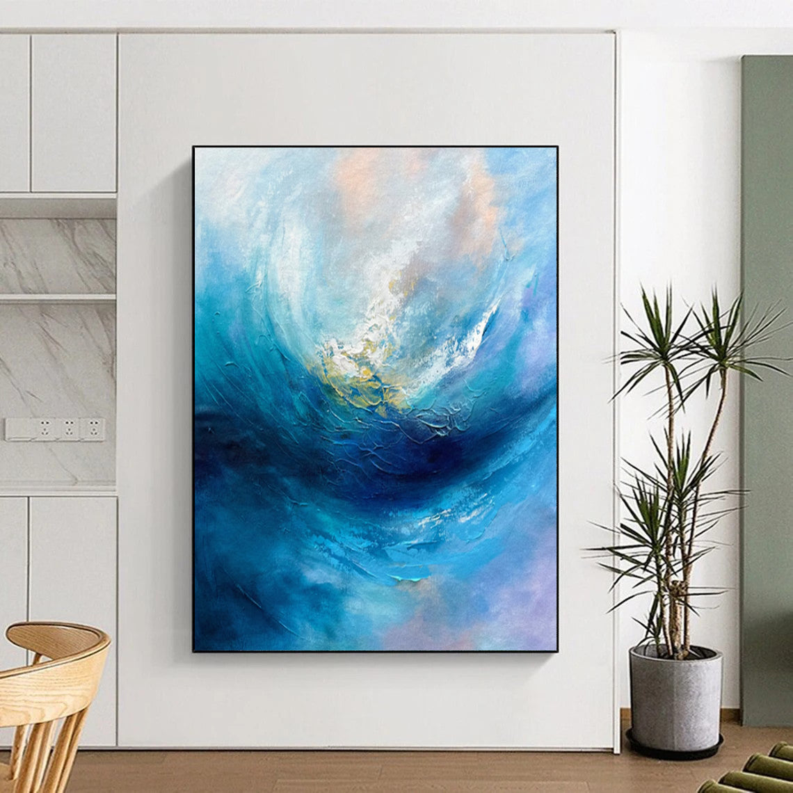 “Blue Abstract Wave” - Blue & White Abstract Painting On Canvas CT2250