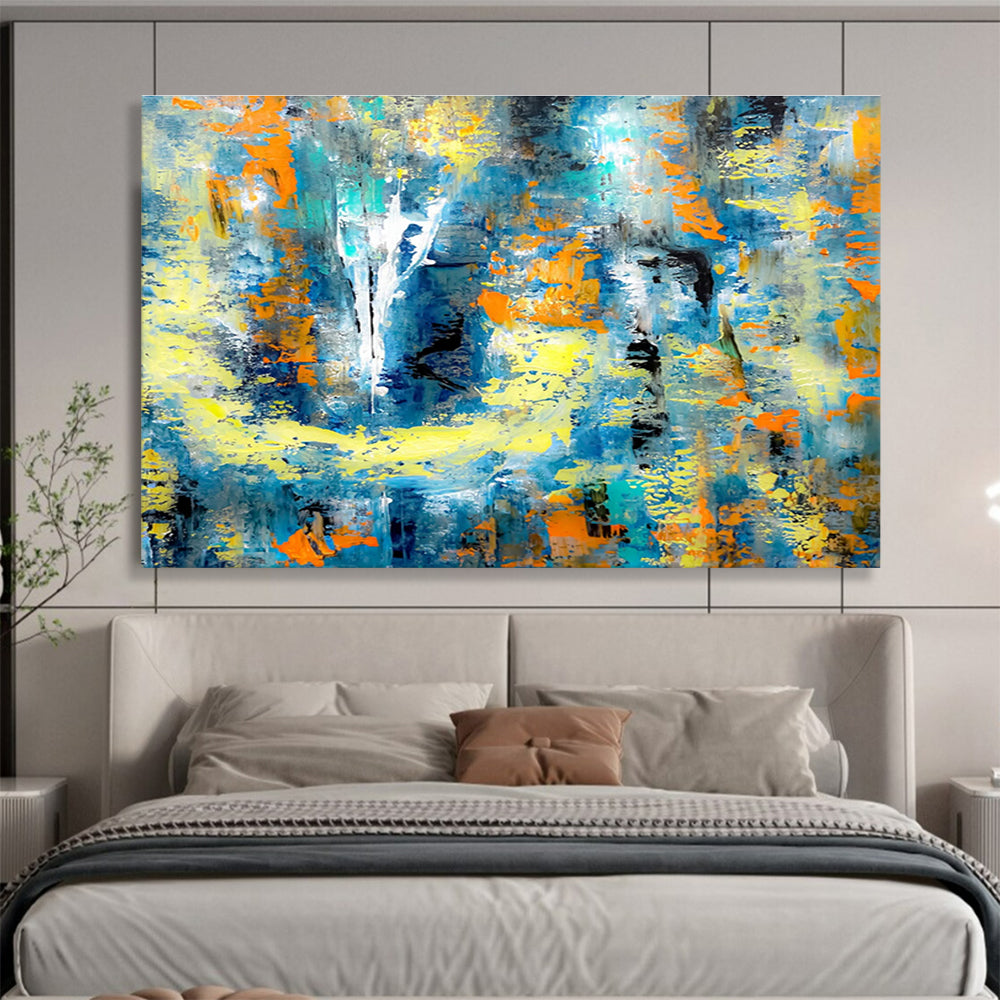 “Azure & Amber Abstract Odyssey” - Blue, Yellow & Orange Abstract Expressionist Painting On Canvas DKH924