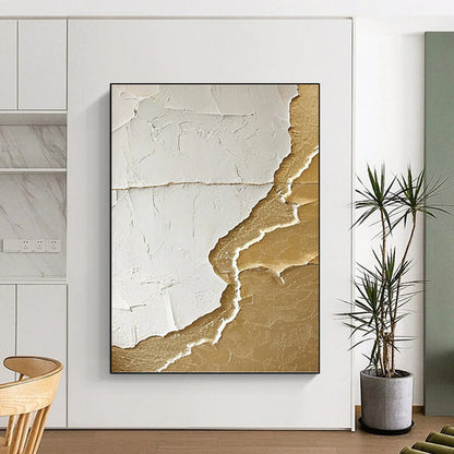 “White & Gold Textured Abstract Tear” Painting On Canvas DKH0986