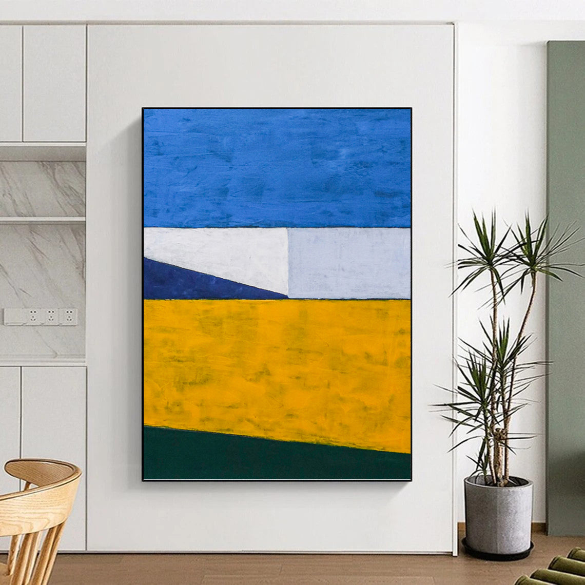 “Blue, Yellow, and Green Color - Blocked Abstract” - Minimalist Geometric Painting On Canvas DKH1096