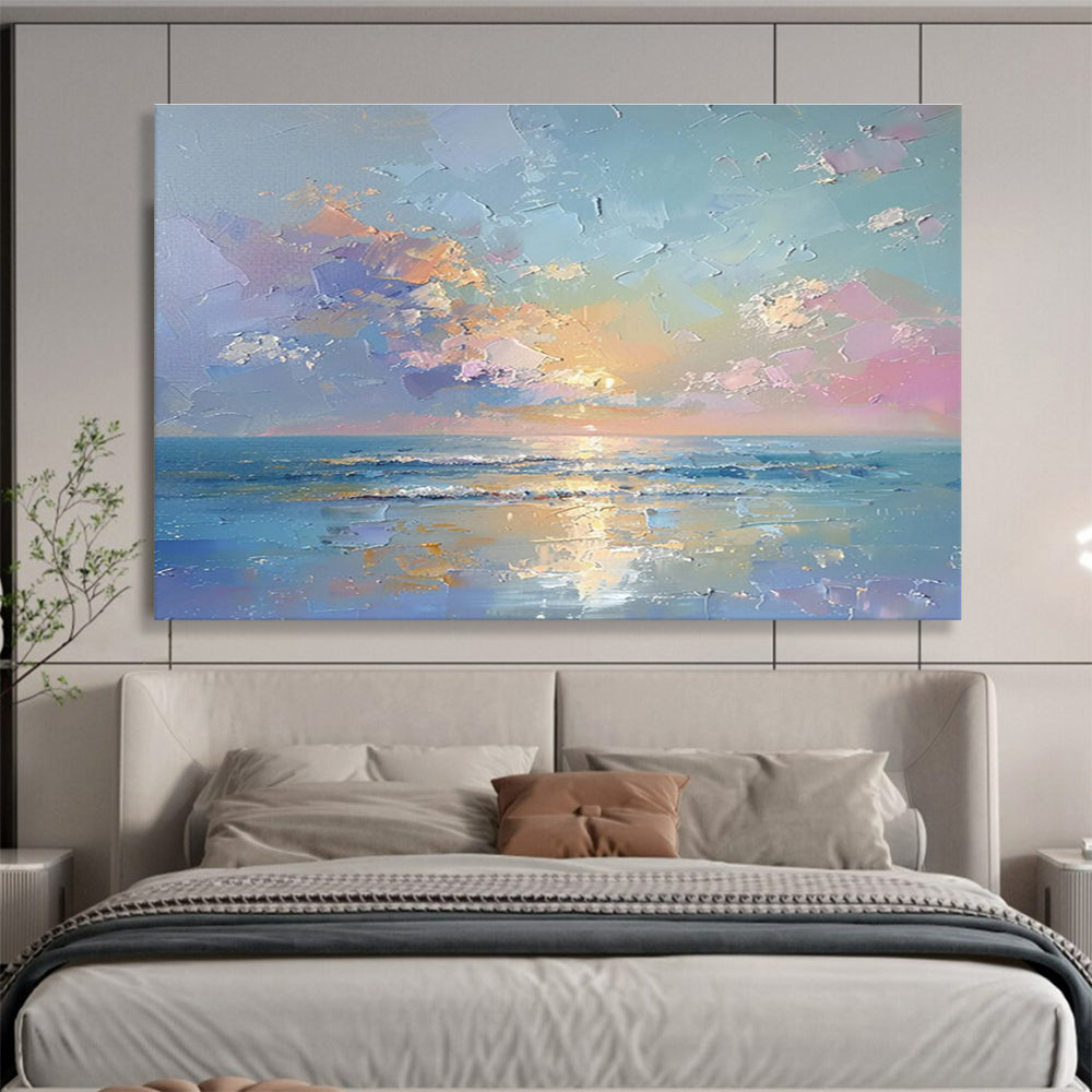 “Vibrant Seascape: Colorful Sunset Over Ocean” Impasto Oil Painting On Canvas DKH363