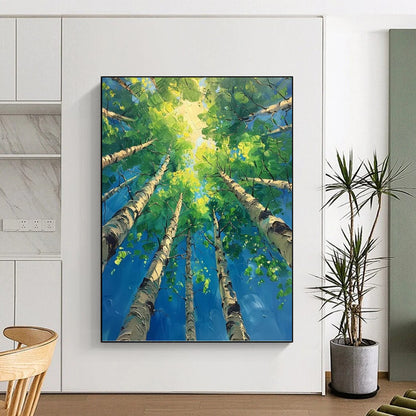“Sunlit Canopy” - Green, Blue & Yellow Tree - Top Landscape Painting On Canvas DKH1552