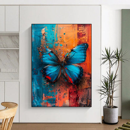 “Vibrant Blue Butterfly” - Blue, Orange & Red Butterfly Painting On Canvas CT2194