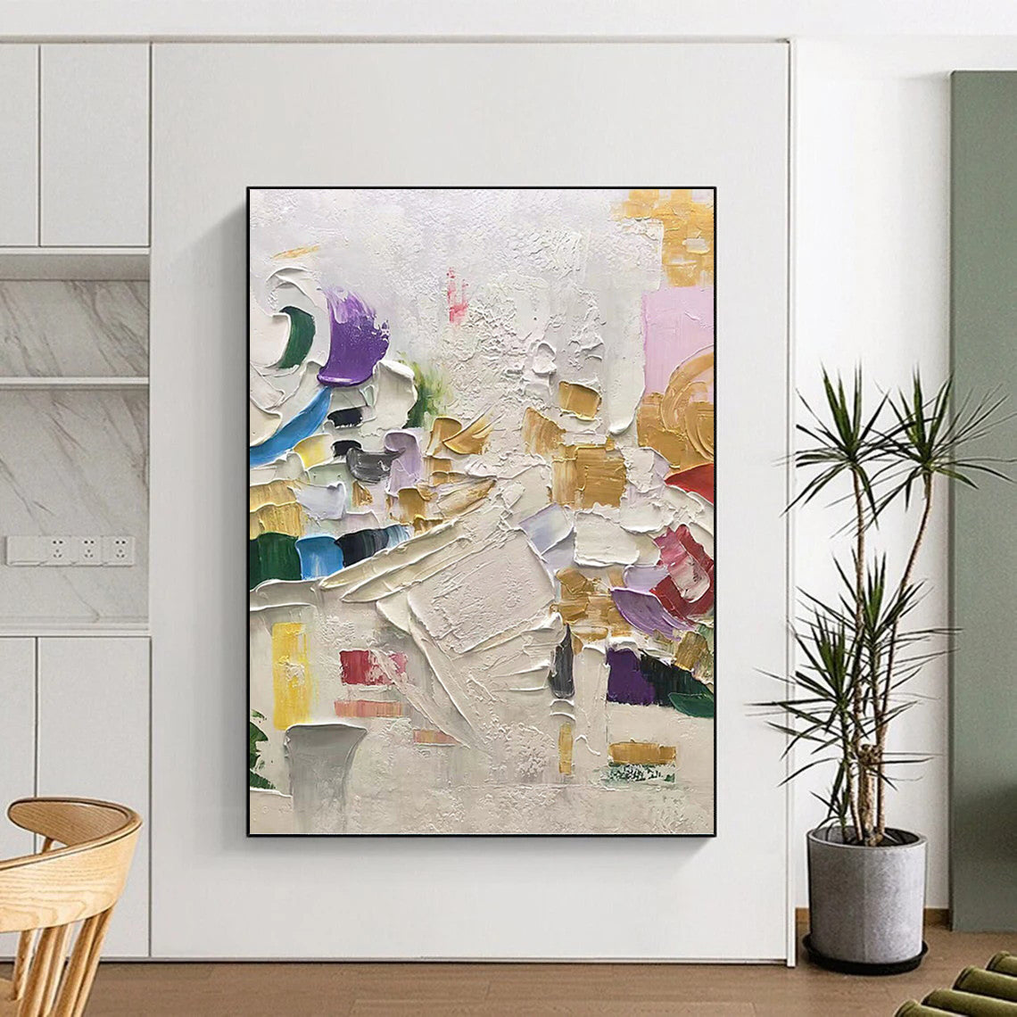 “Vibrant Impasto Mosaic” - White, Gold, Purple, Blue & Red Lively Textured Painting On Canvas DKH1035
