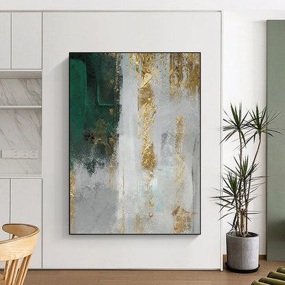 “Gilded Emerald” - Green, Gold & Gray Textured Abstract Painting On Canvas DKH1518