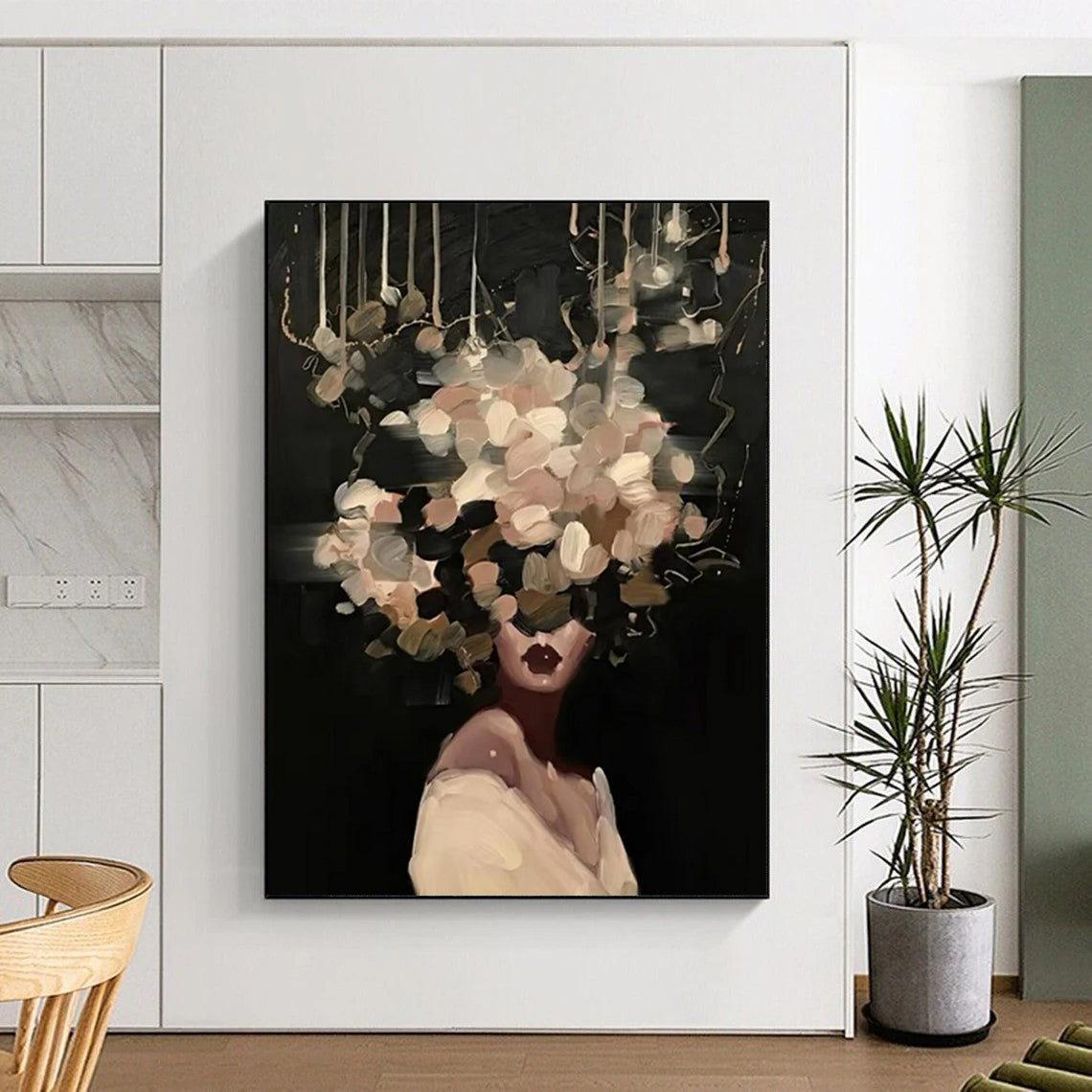 “Black, Beige, White Floral Head ‘Mystic Blooms’” - Figurative Flower Painting On Canvas DTP326