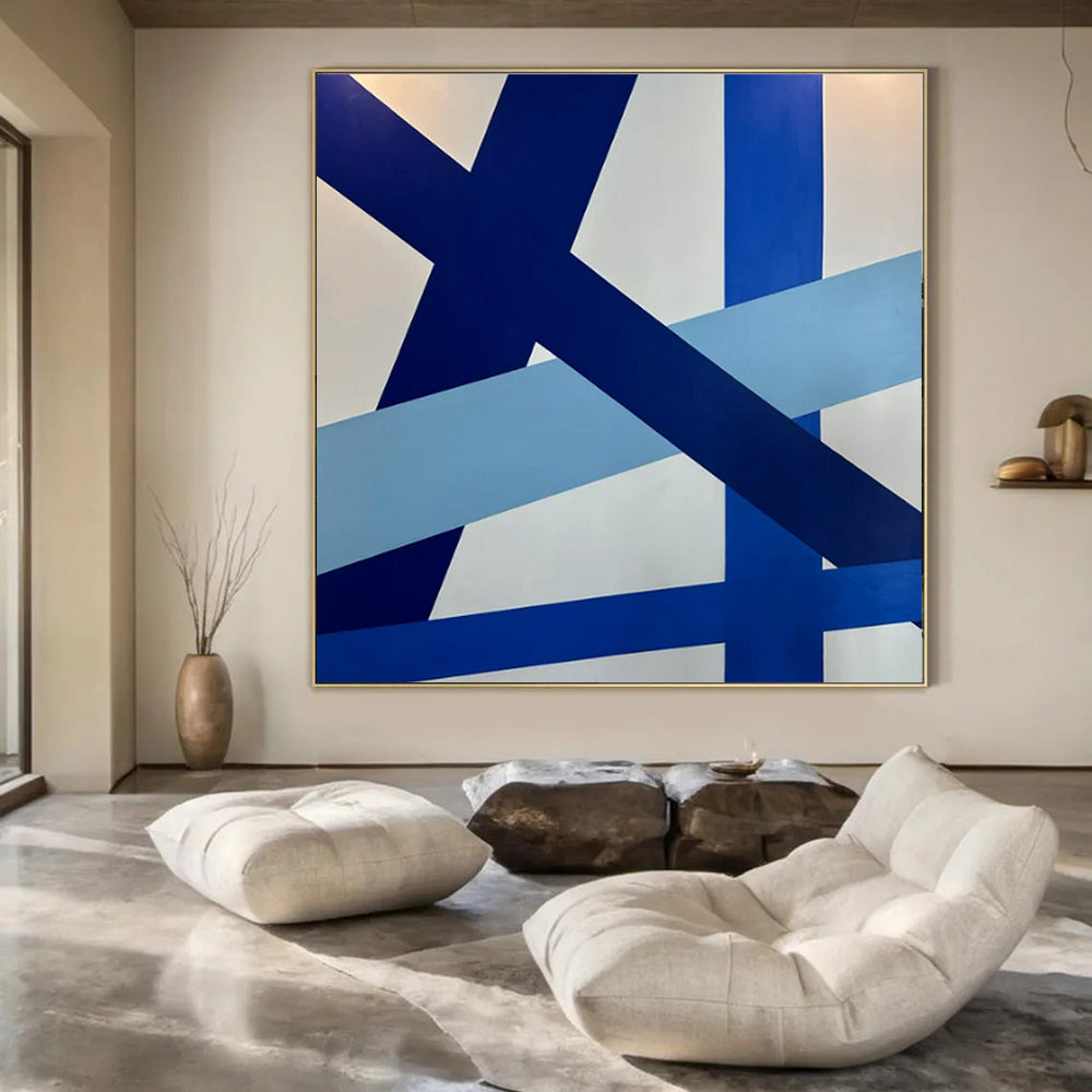 “Blue - White Intersecting Ribbons” – Abstract Geometric Ribbon Art CT0995