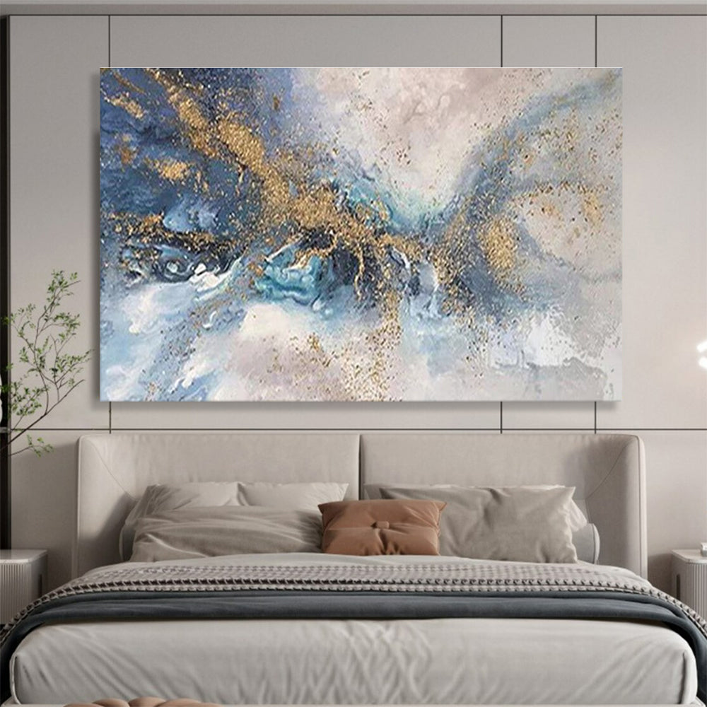 Blue & Gold Abstract Flow - Gray, Blue & Gold Fluid Art Painting On Canvas DKH893