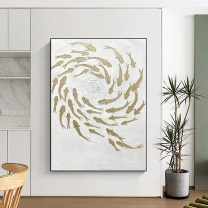 “Golden School” - White & Gold Textured Fish - Swarm Painting On Canvas DKH1544