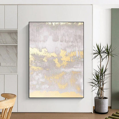 “Gray - Gold Abstract Textures” - Gray, Gold & White Metallic - Accented Painting On Canvas DKH0951